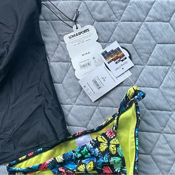 NWT bikini Love & Sports Black Shimmer Lace-Up Tankini Top size XS Bottom Small - Picture 11 of 15